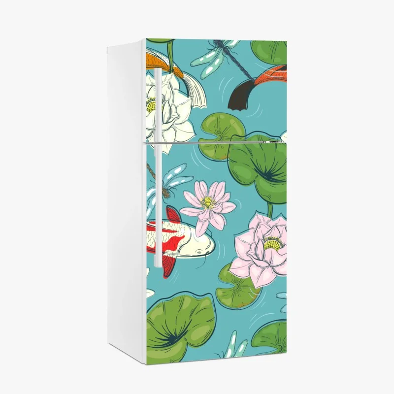 Fridge sticker tranquil koi pond illustration