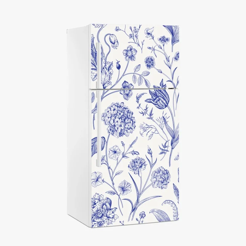 Fridge sticker classic blue toile floral pattern