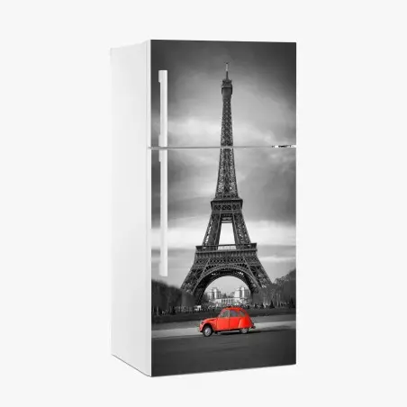 Fridge sticker Eiffel Tower with red vintage car • Wallissimo®