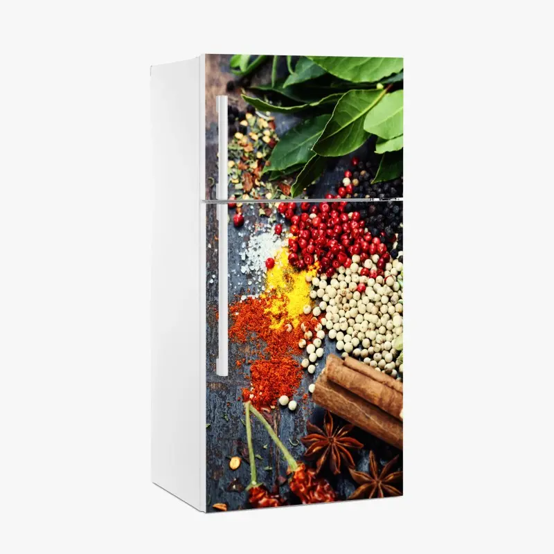 Fridge sticker vibrant spice assortment on rustic wood