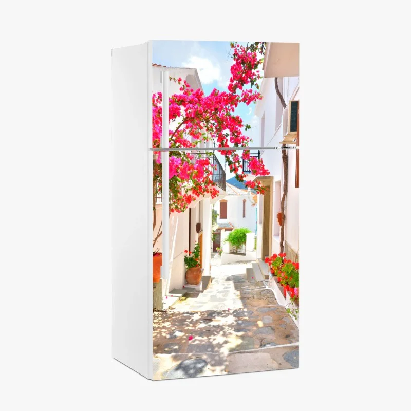 Fridge sticker sunlit mediterranean alley with bougainvillea