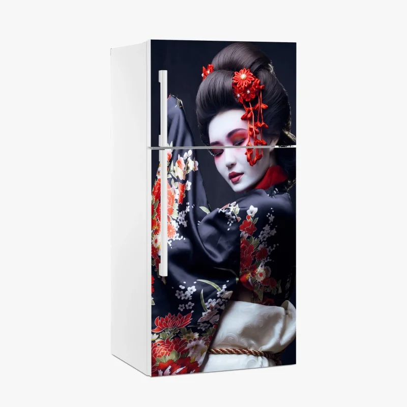 Fridge sticker elegant geisha portrait in red and black kimono