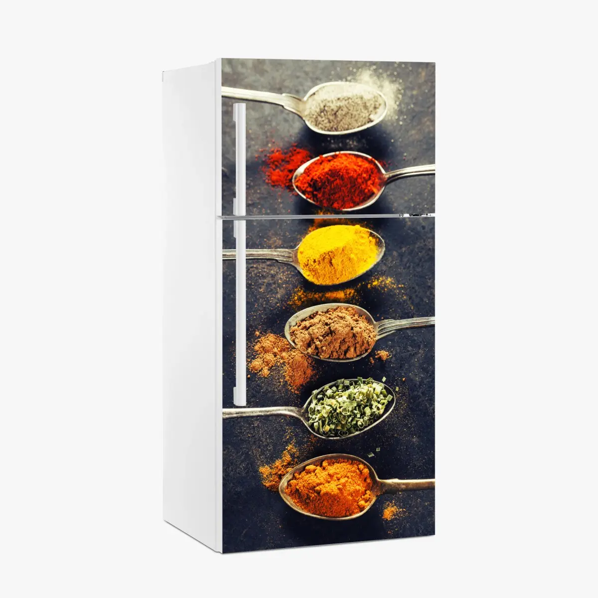 Fridge sticker colorful spice spoons arrangement • Wallissimo® Fridge sticker colorful spice spoons arrangement • Wallissimo®