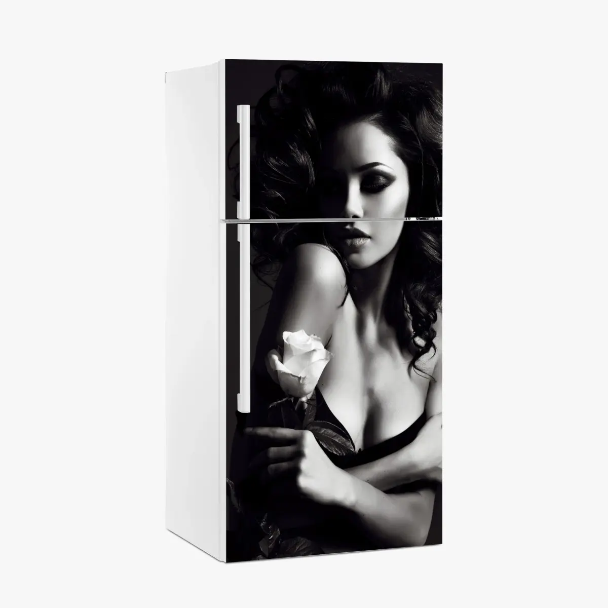 Fridge sticker sensual black and white portrait with rose ⁕ Wallissimo® Fridge sticker sensual black and white portrait with rose ⁕ Wallissimo®