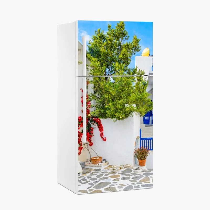 Fridge sticker sunlit Mediterranean courtyard with bougainvillea