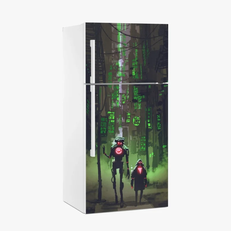 Fridge sticker robots in neon alley