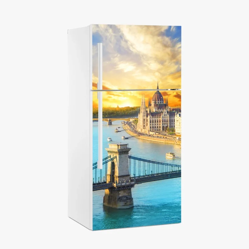Fridge sticker sunset over Budapest skyline with Chain Bridge