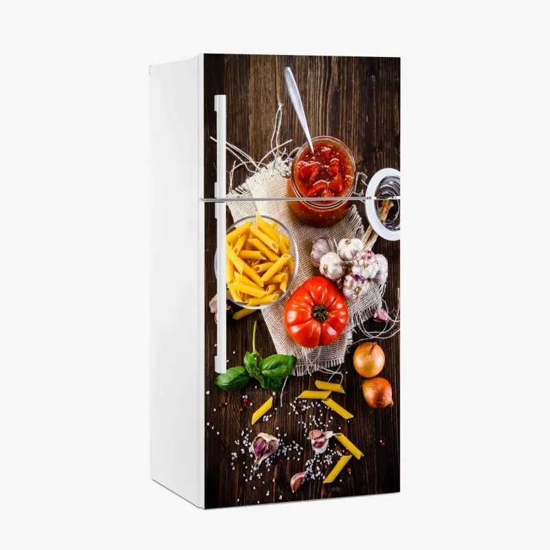 Fridge sticker rustic italian pasta ingredients flat lay