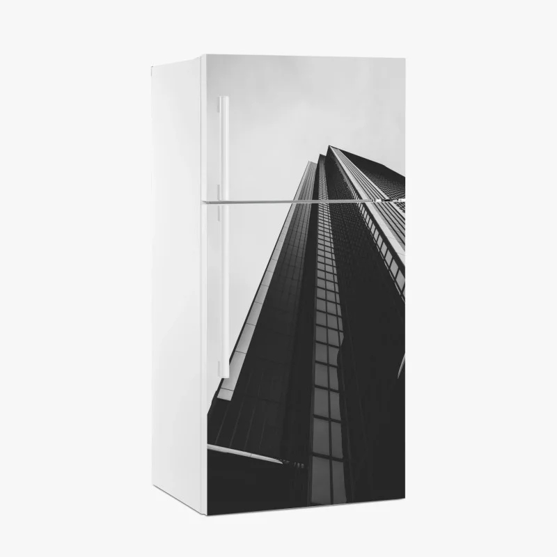 Fridge sticker towering modern skyscraper in monochrome