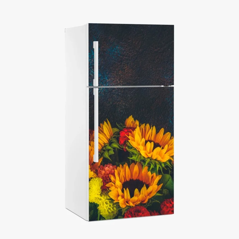 Fridge sticker vibrant sunflower bouquet on dark background