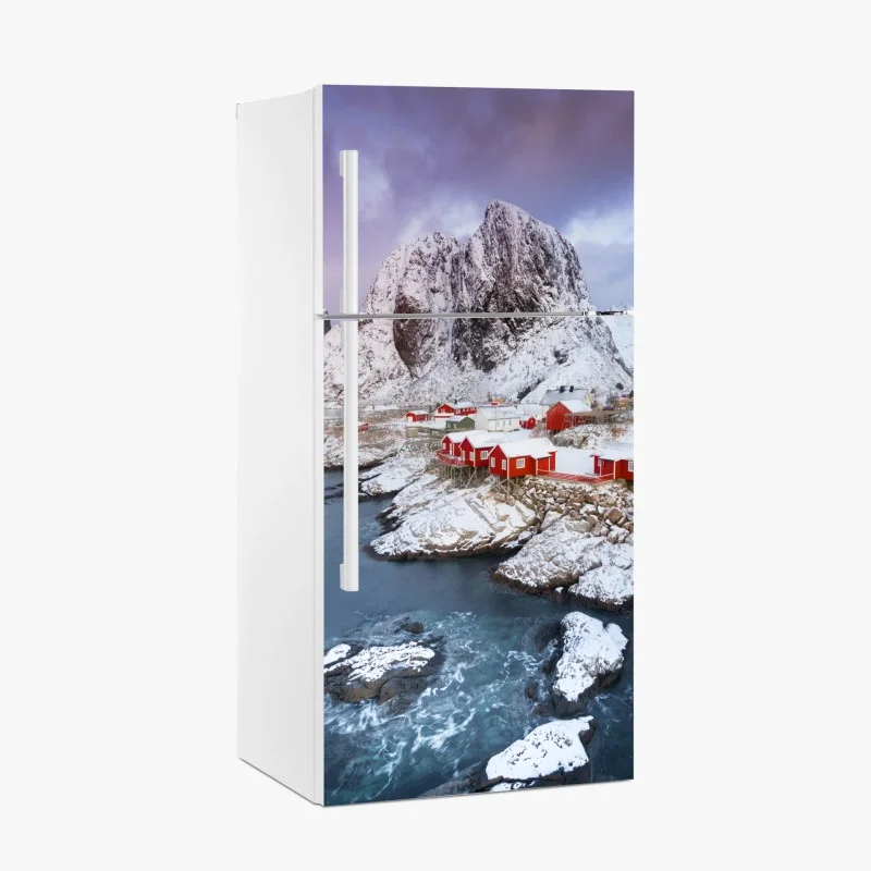 Fridge sticker red coastal cabins beneath snowy mountain