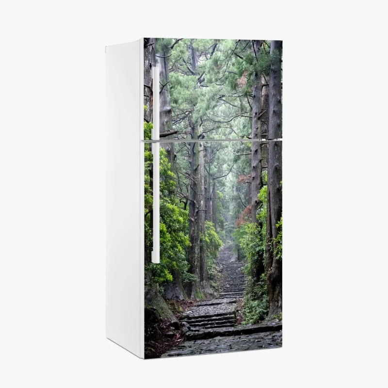 Fridge sticker misty forest path through ancient trees