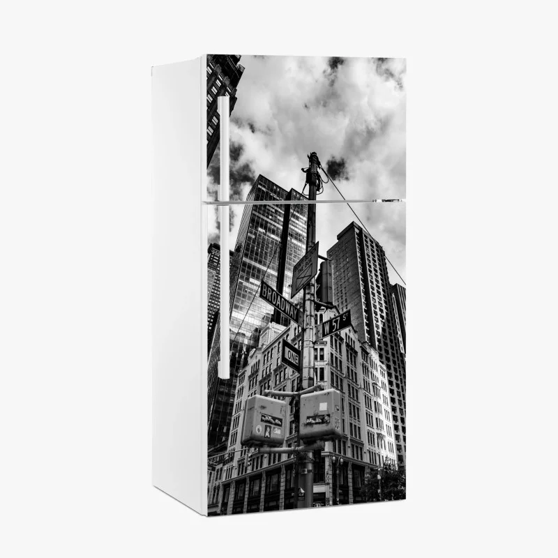 Fridge sticker Broadway at W 57 St — urban skyline in black and white