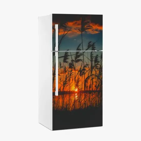 Fridge sticker sunset over lake with silhouetted reeds • Wallissimo®