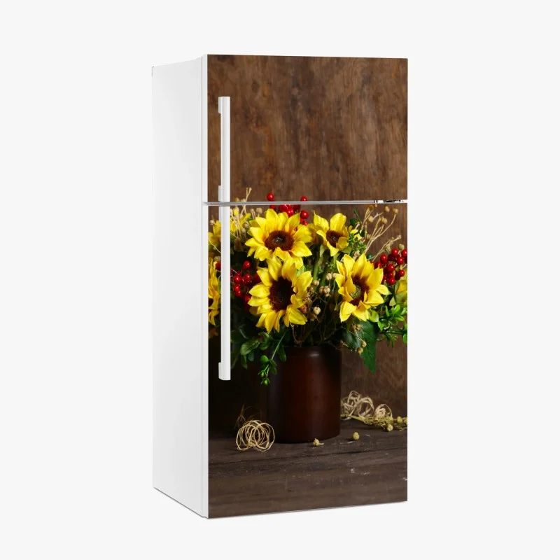 Fridge sticker autumn sunflower bouquet on wooden background