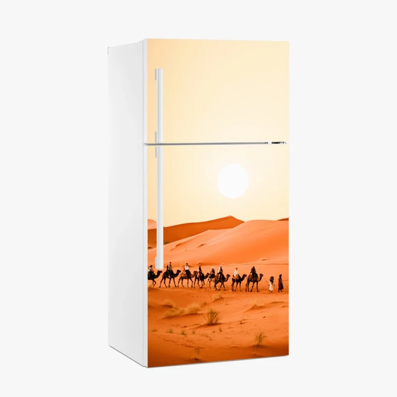 Fridge sticker sunset camel caravan over desert dunes