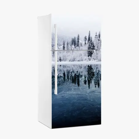 Fridge sticker winter lake reflection in snowy forest • Wallissimo®