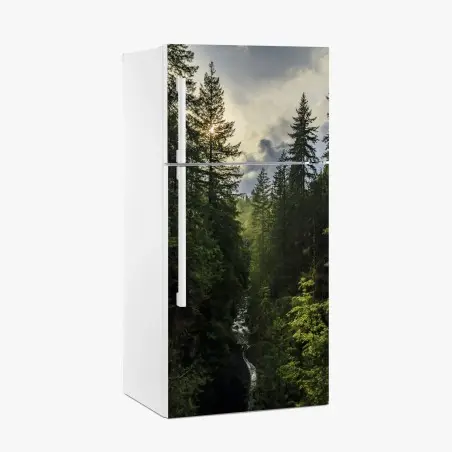 Fridge sticker misty evergreen forest waterfall • Wallissimo®