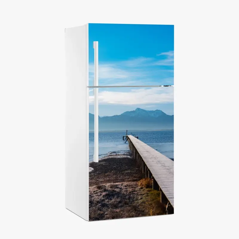 Fridge sticker misty mountain pier at dawn