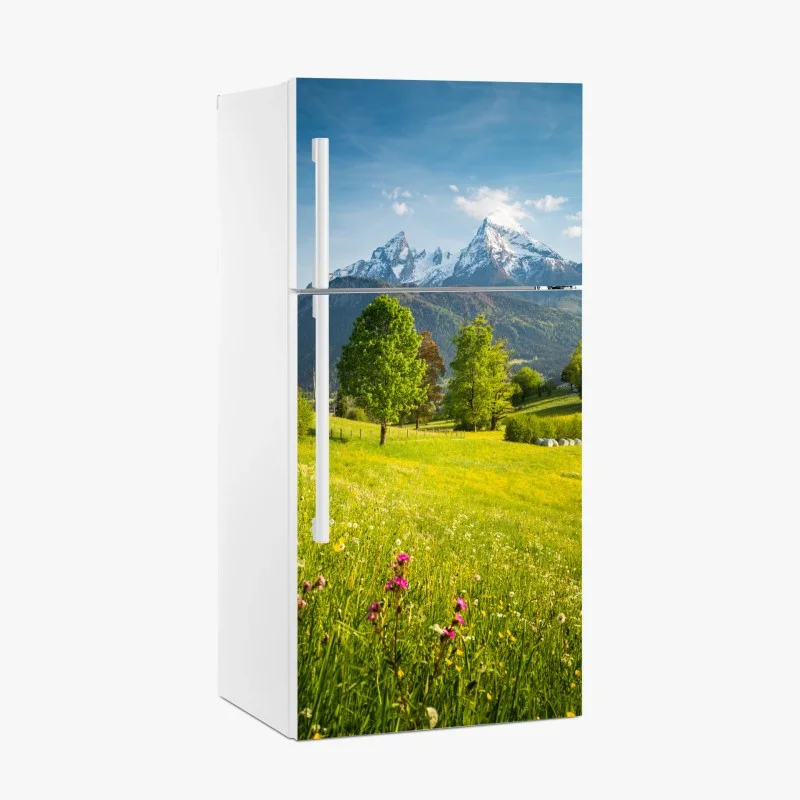 Fridge sticker alpine spring meadow beneath snowcapped peaks