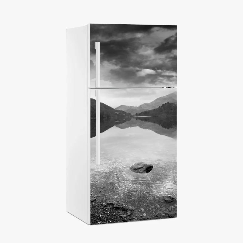 Fridge sticker serene mountain lake reflection