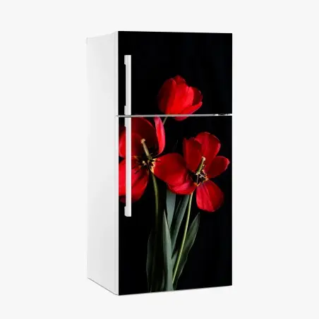 Fridge sticker three red tulips on black • Wallissimo®