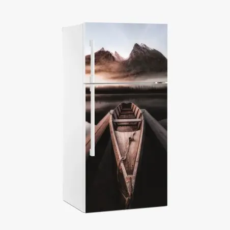 Fridge sticker misty mountain boat at dawn • Wallissimo®