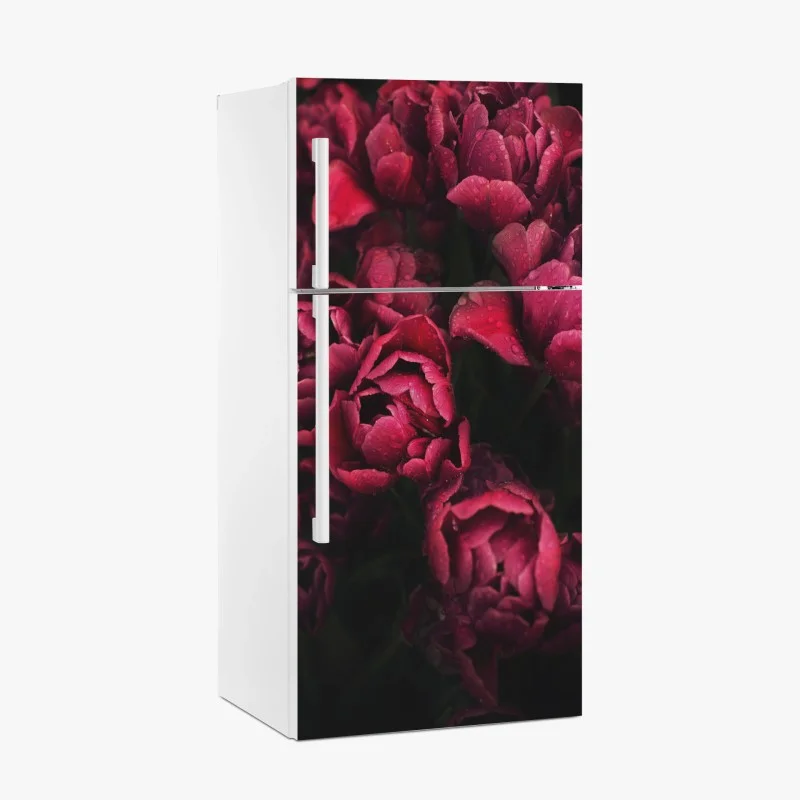 Fridge sticker deep crimson blooms with raindrops