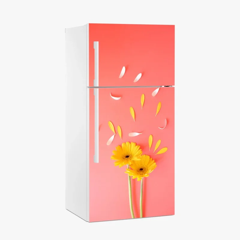 Fridge sticker sunny yellow gerbera on coral background
