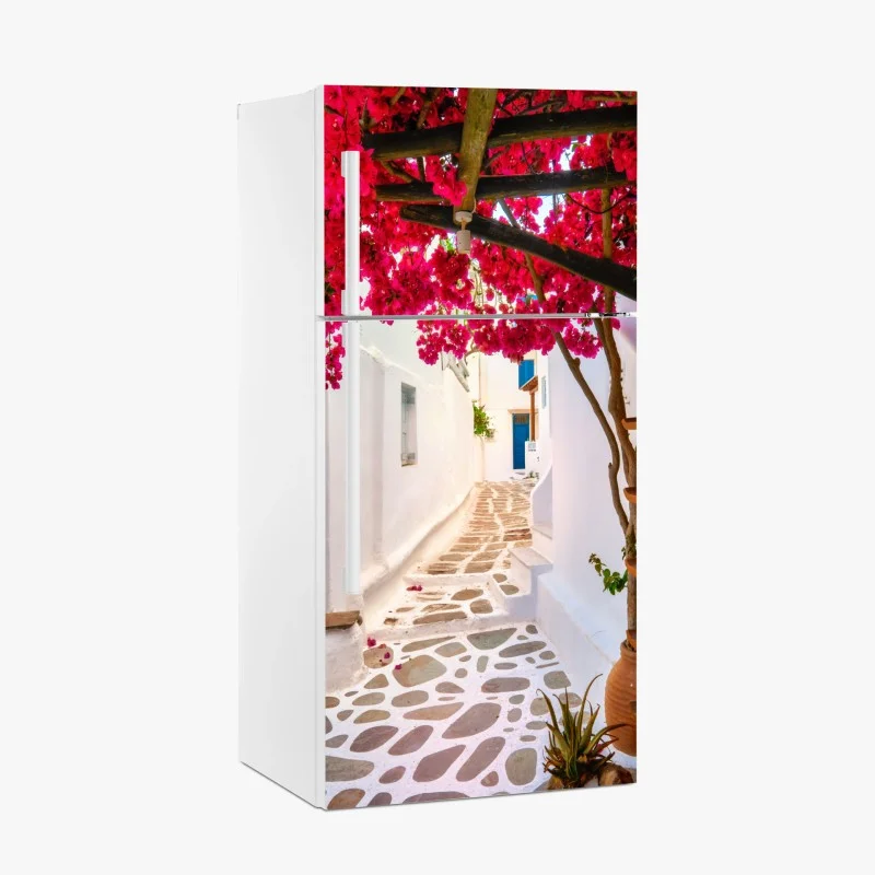 Fridge sticker sunlit Greek alley with bougainvillea
