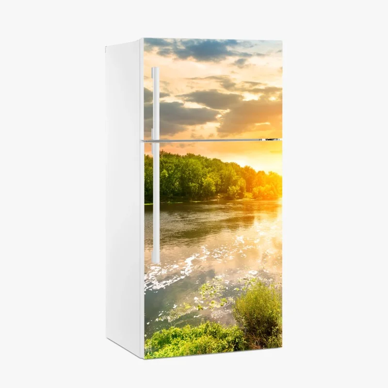 Fridge sticker serene riverside sunset over lush forest