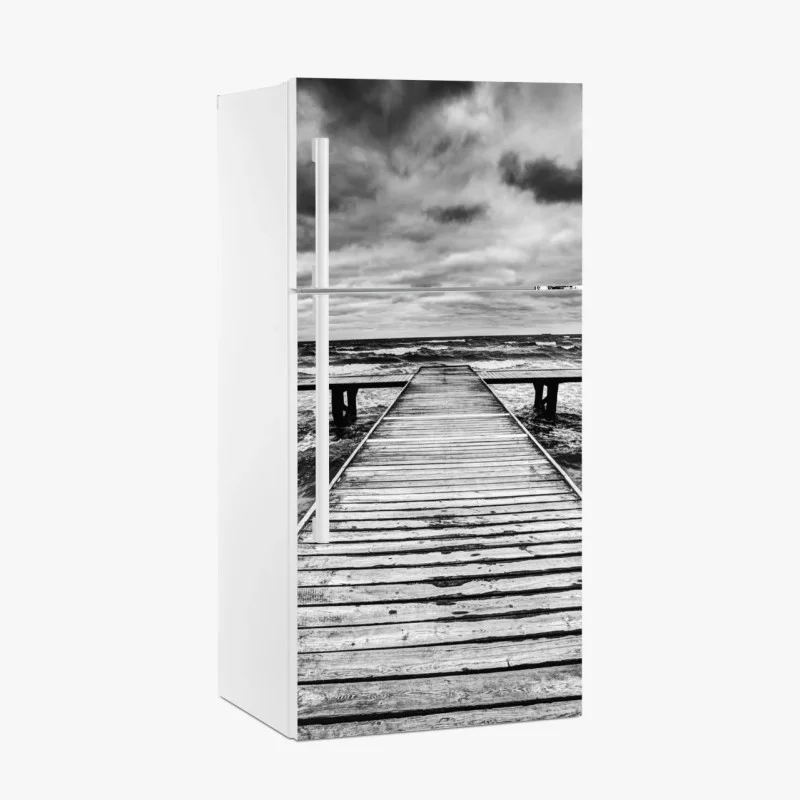 Fridge sticker dramatic monochrome pier leading to stormy sea