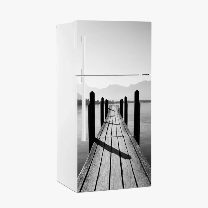 Fridge sticker serene lakeside pier in monochrome