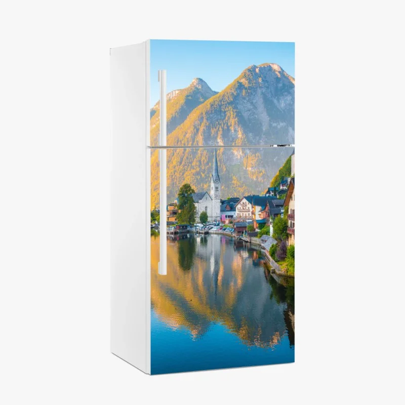 Fridge sticker morning glow over Hallstatt lakeside village