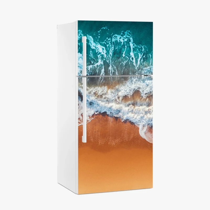 Fridge sticker aerial view of turquoise waves on sandy beach