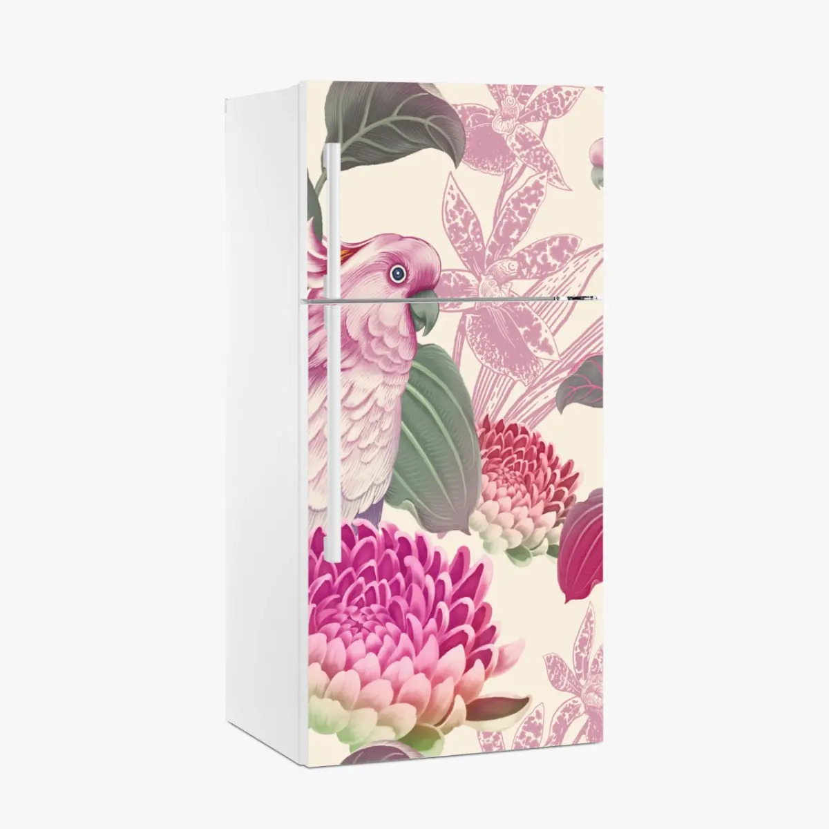 Fridge sticker pink parrot and chrysanthemum botanical print • Wallissimo® Fridge sticker pink parrot and chrysanthemum botanical print • Wallissimo®