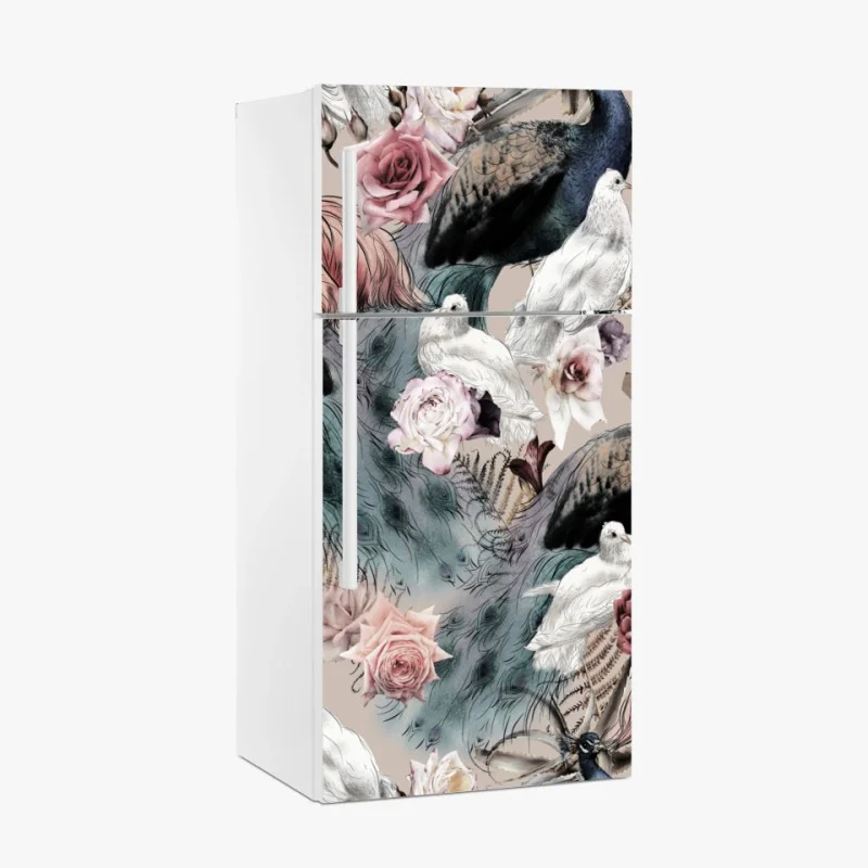 Fridge sticker watercolor birds and roses pattern