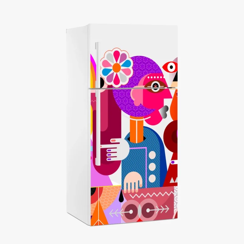 Fridge sticker man with rainbow riding geometric bird
