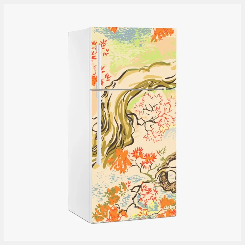 Fridge sticker serene oriental tree and leaf pattern