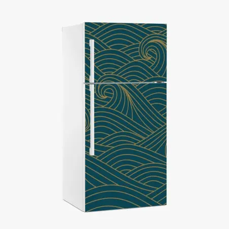 Fridge sticker gold-lined teal wave pattern • Wallissimo®