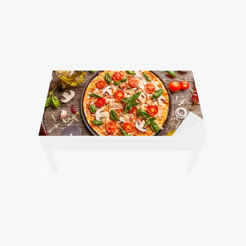 Table & desk veneer fresh pizza with basil and cherry tomatoes