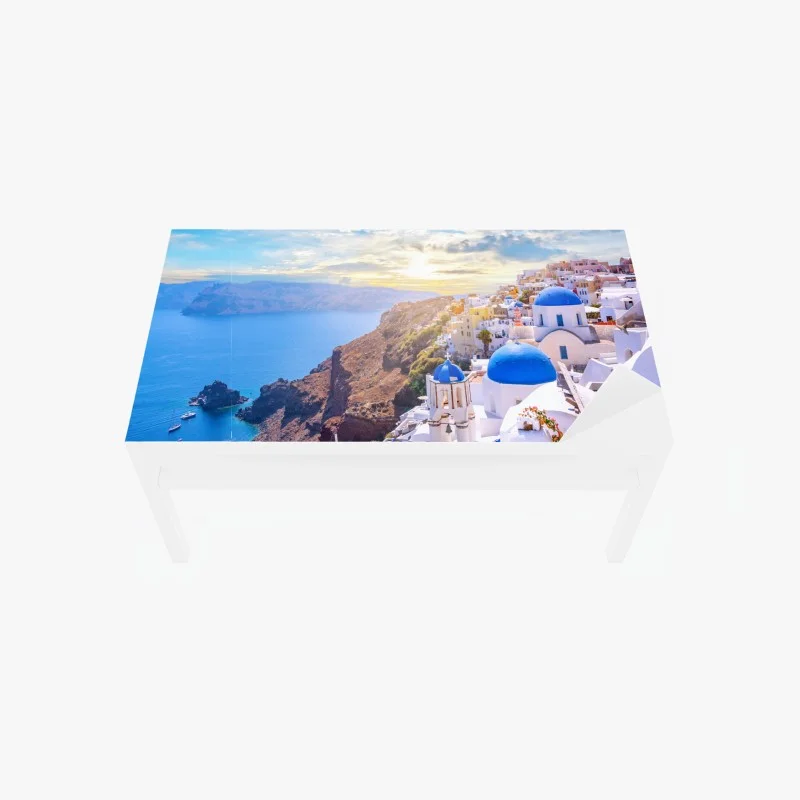 Table & desk veneer sunlit Oia village on Santorini caldera