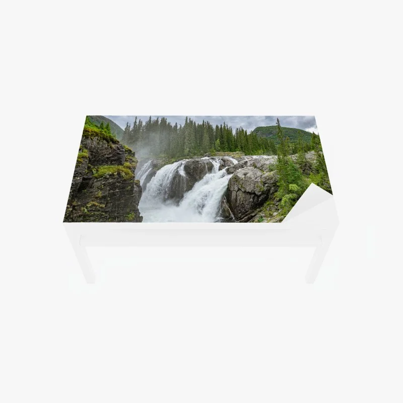 Table & desk veneer misty waterfall in a lush pine forest