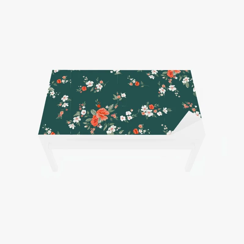 Table & desk veneer vintage coral floral pattern on deep green background