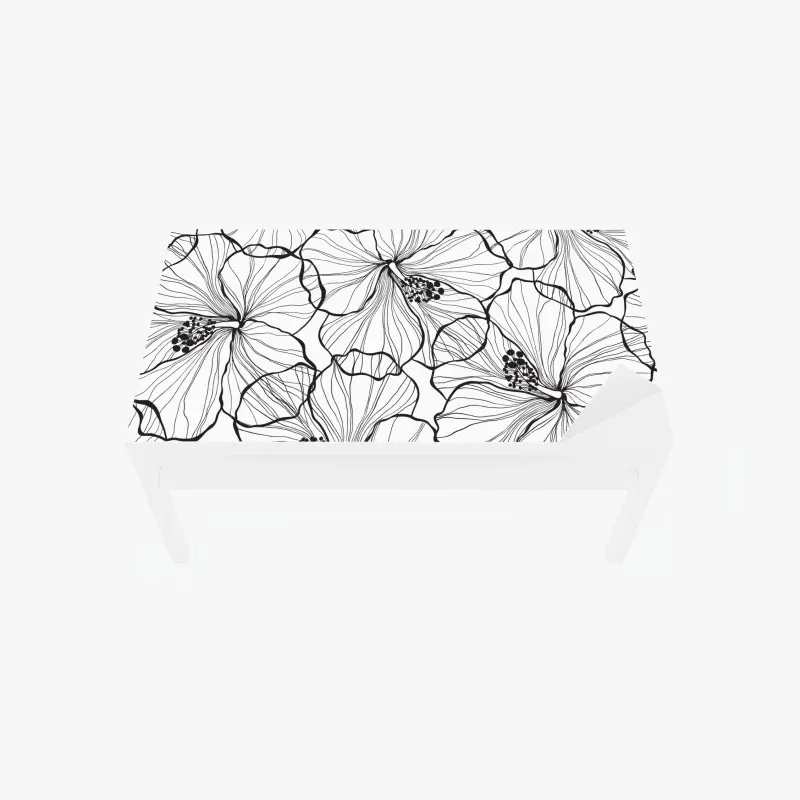 Table & desk veneer black and white hibiscus line art pattern