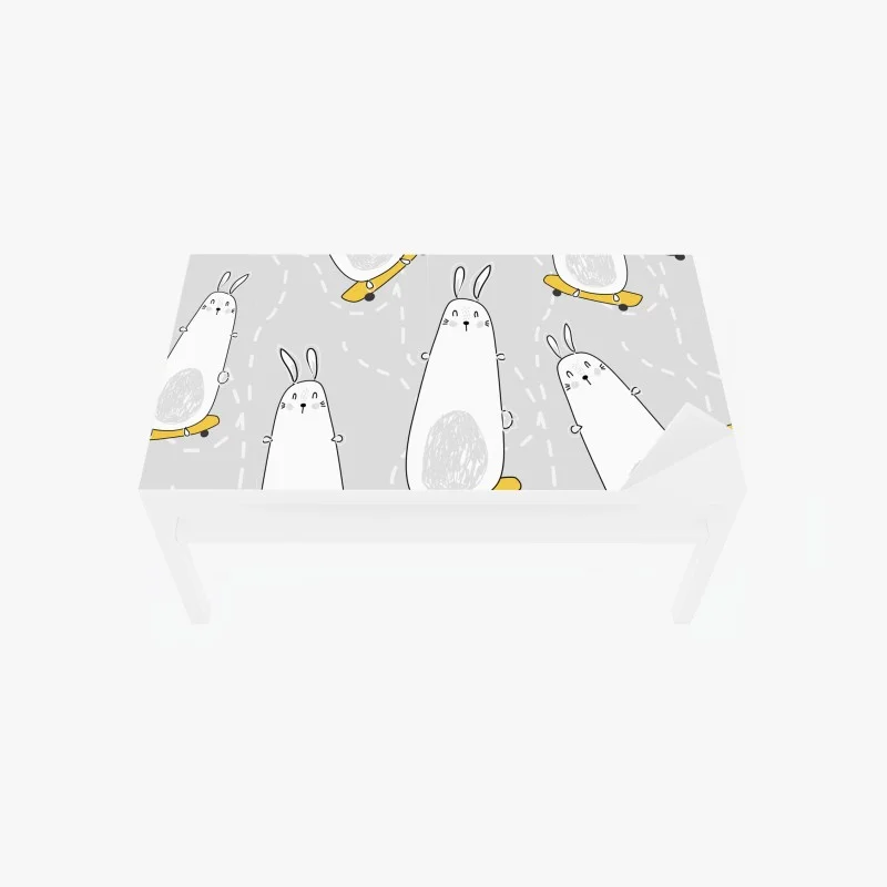 Table & desk veneer playful skateboarding bunnies pattern