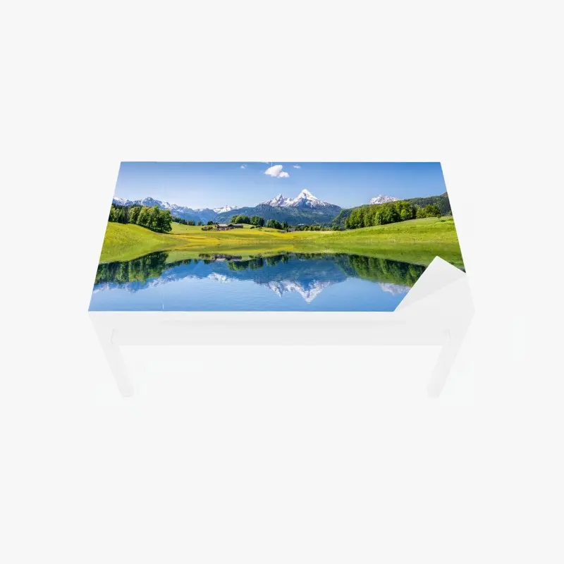 Table & desk veneer alpine peaks reflected in a tranquil lake