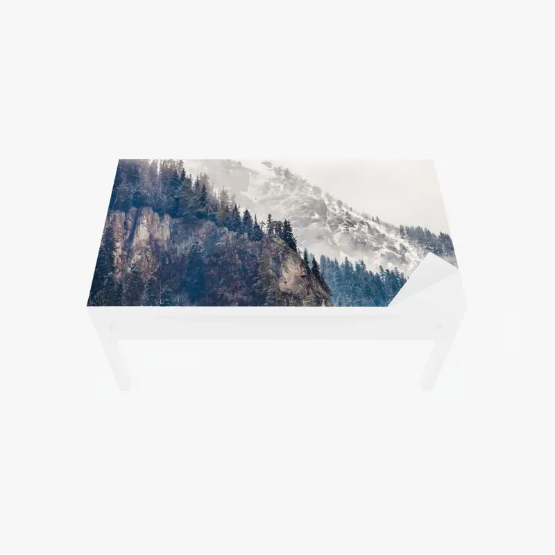 Table & desk veneer misty mountain cliff with pine forest