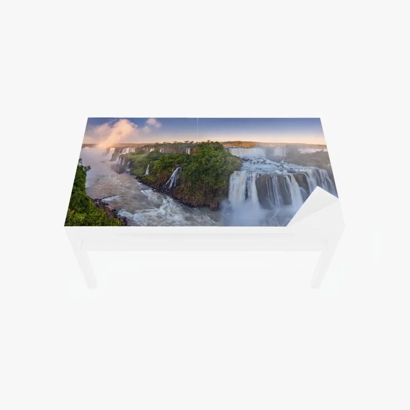 Table & desk veneer misty waterfall panorama in lush forest