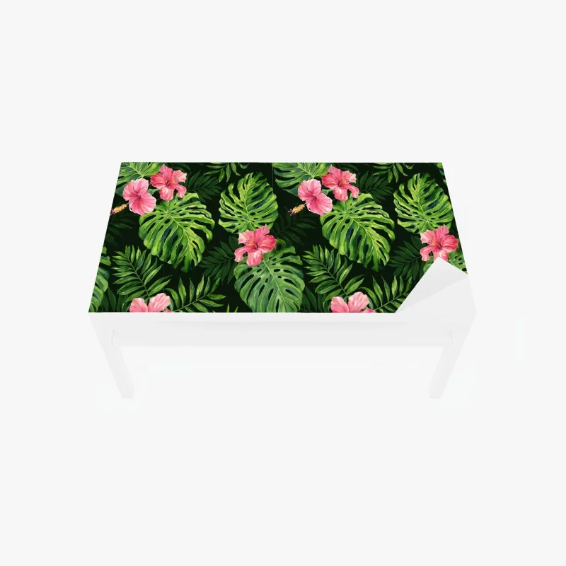 Table & desk veneer tropical monstera and hibiscus botanical pattern